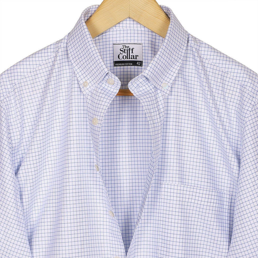 Monti Gulmarg White Herringbone Checks Button Down 2 Ply Giza Cotton Shirt
