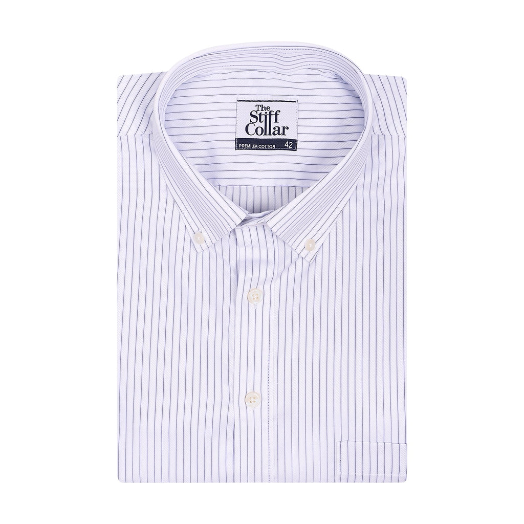 Luthai Blue Stripes on White Twill Button Down 2 Ply Giza Cotton Shirt