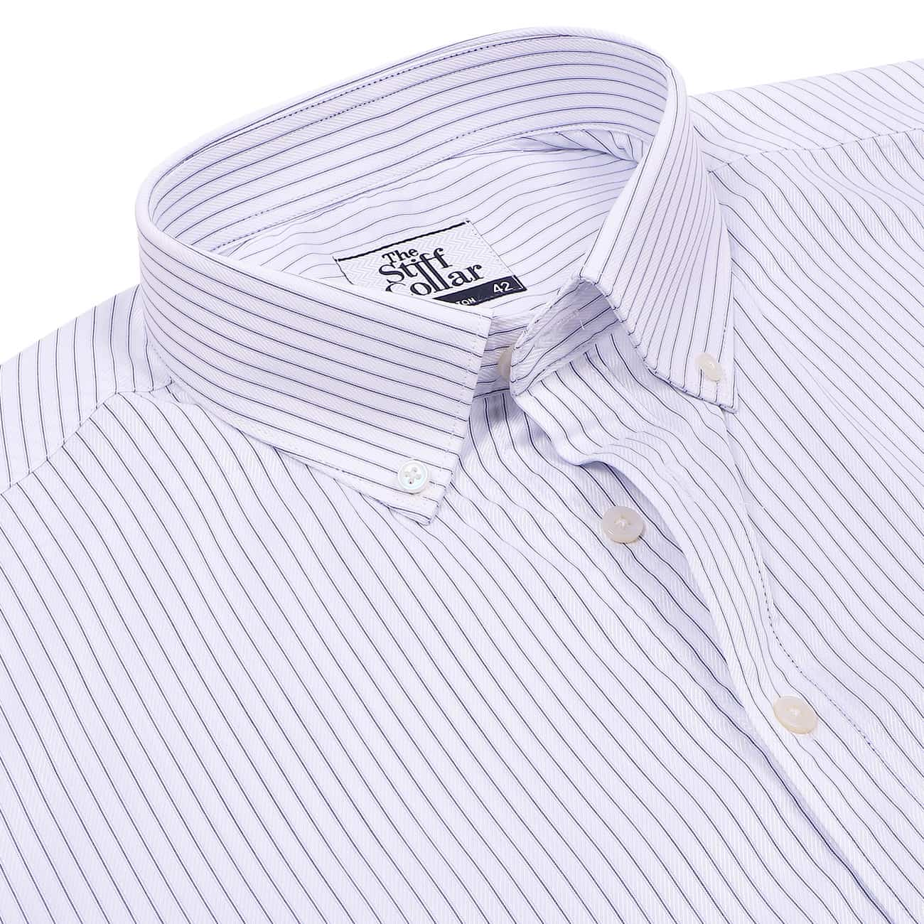 Luthai Blue Stripes on White Twill Button Down 2 Ply Giza Cotton Shirt