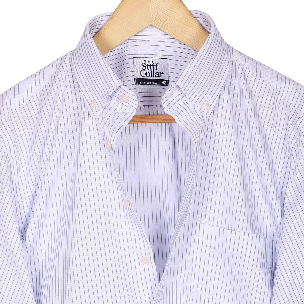 Luthai Blue Stripes on White Twill Button Down 2 Ply Giza Cotton Shirt