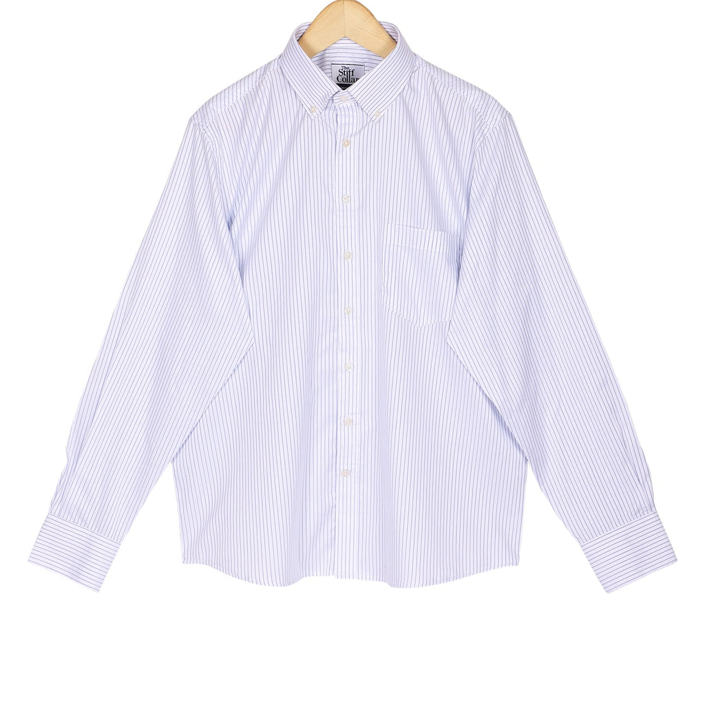 Luthai Blue Stripes on White Twill Button Down 2 Ply Giza Cotton Shirt