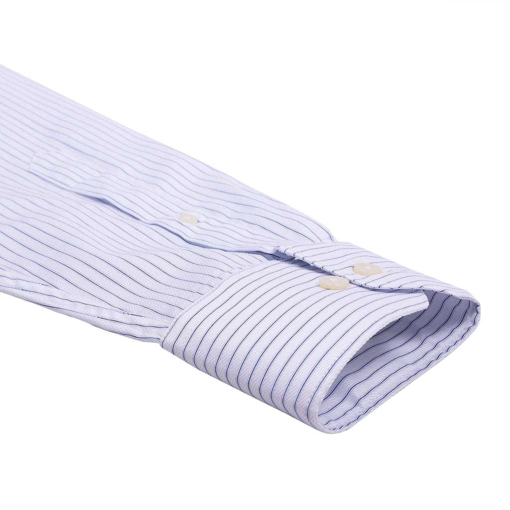 Luthai Blue Stripes on White Twill Button Down 2 Ply Giza Cotton Shirt