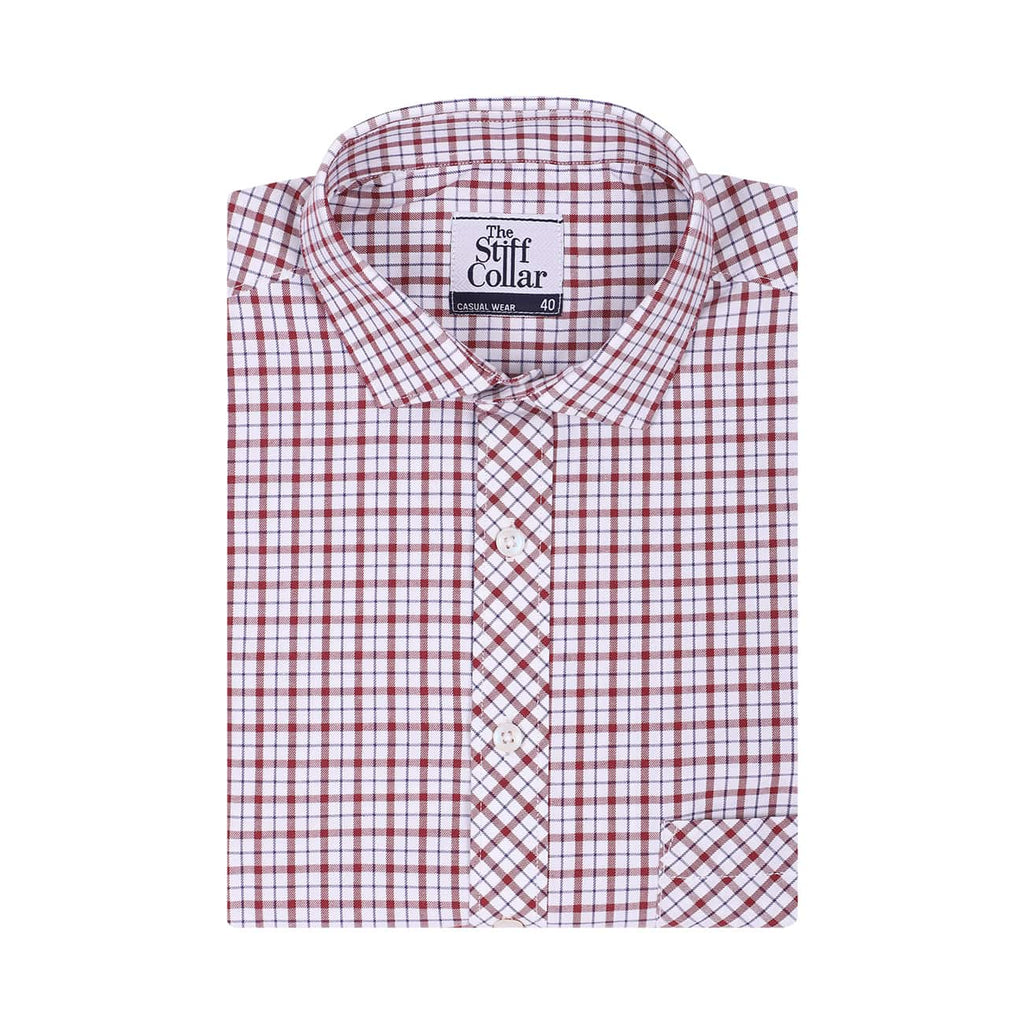 White Red Tattersall Checks Half Sleeves Cotton Shirt