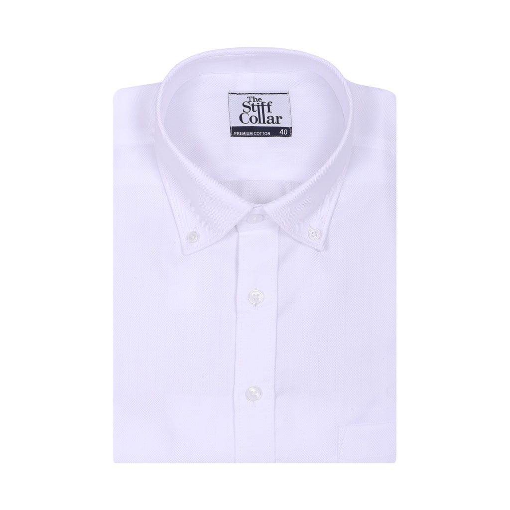 Luthai Ice Crush White Herringbone Button Down 2 Ply Premium Giza Cotton Shirt