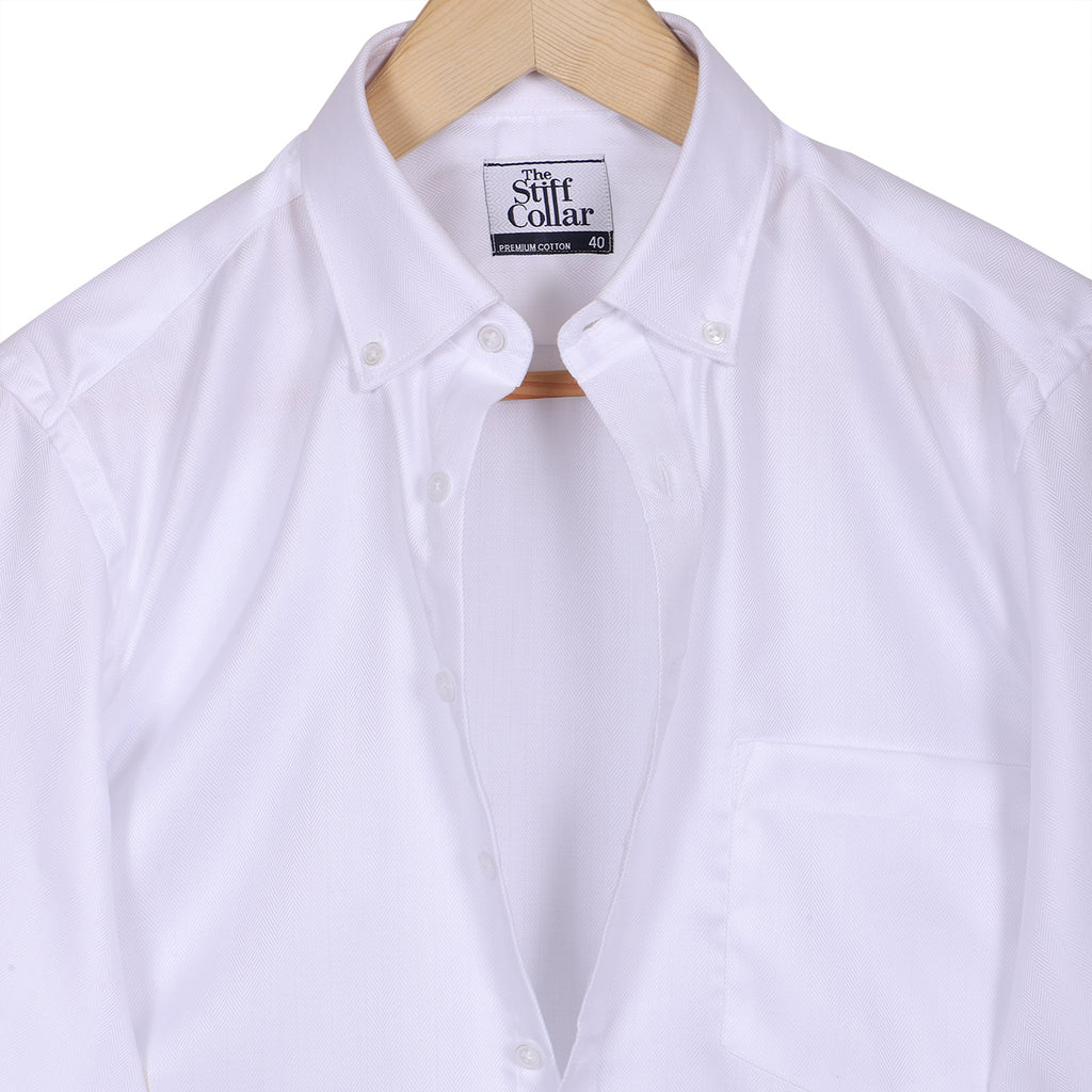 Luthai Ice Crush White Herringbone Button Down 2 Ply Premium Giza Cotton Shirt