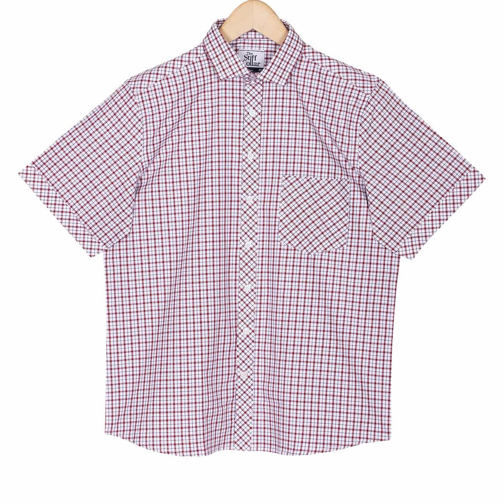 White Red Tattersall Checks Half Sleeves Cotton Shirt