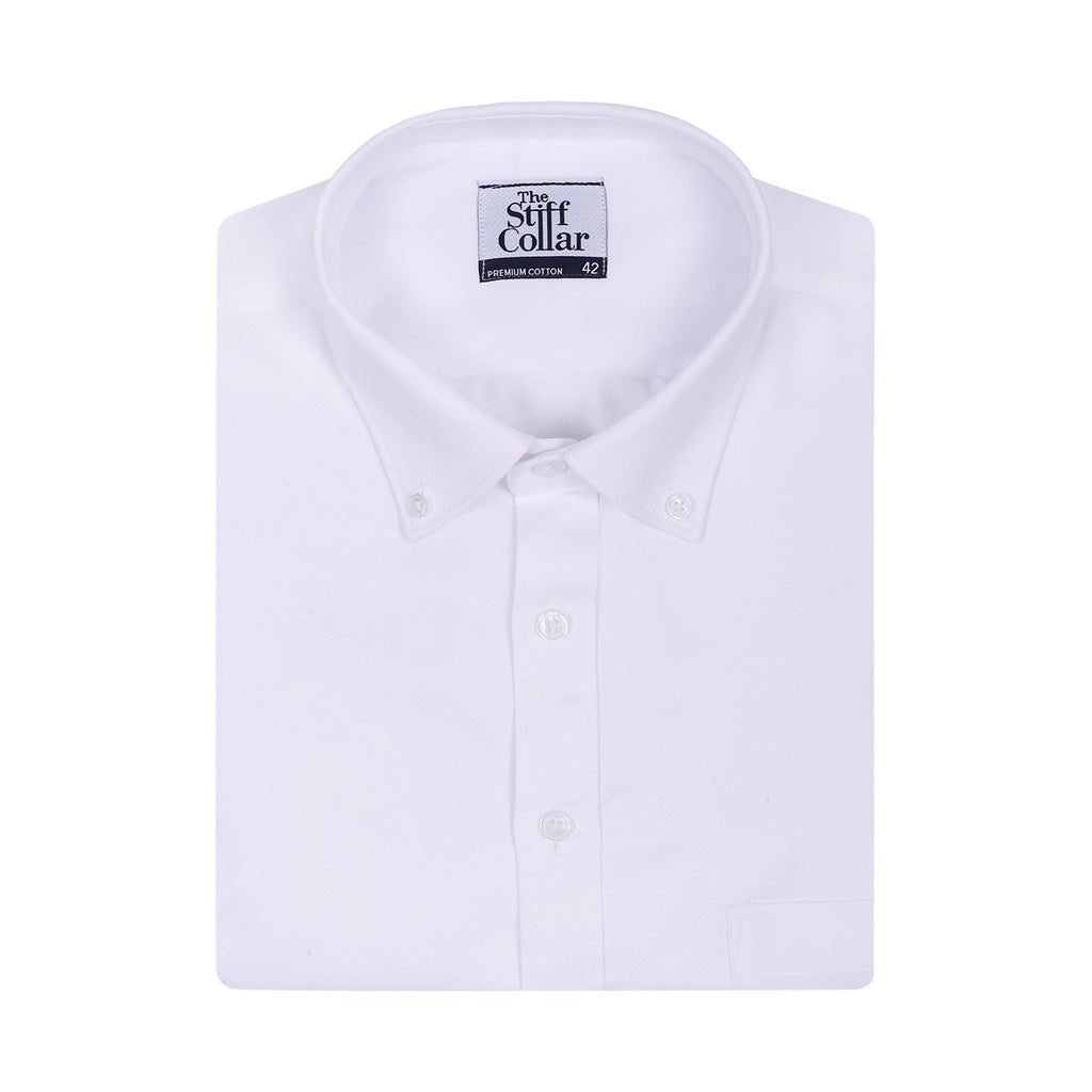 Luthai Absolute White Herringbone Button Down 2 Ply Premium Giza Cotton Shirt