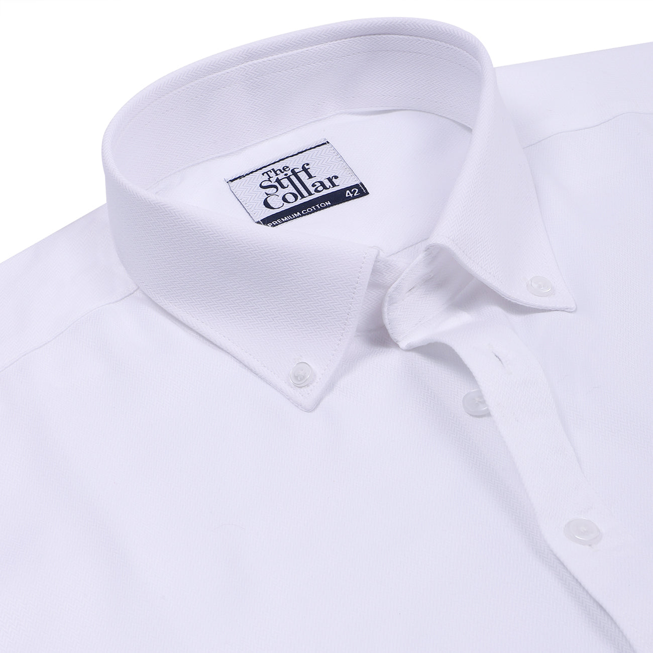 Luthai Absolute White Herringbone Button Down 2 Ply Premium Giza Cotton Shirt