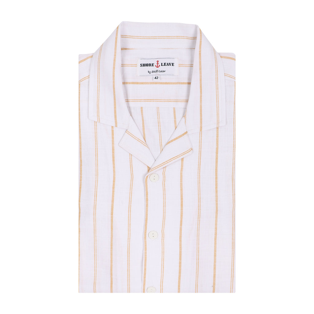 Sand Stripes on White Half Sleeve Linen Cuban Collar Shirt