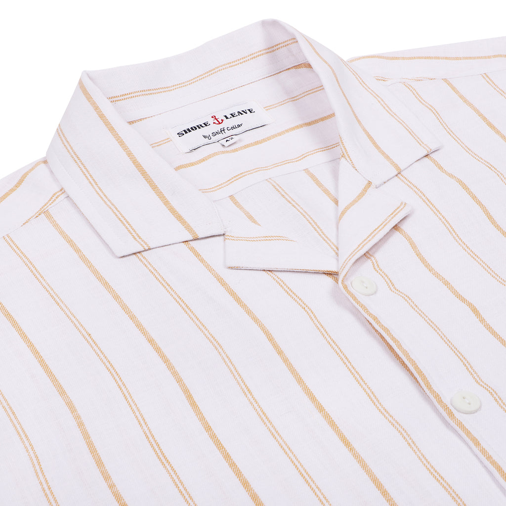 Sand Stripes on White Half Sleeve Linen Cuban Collar Shirt