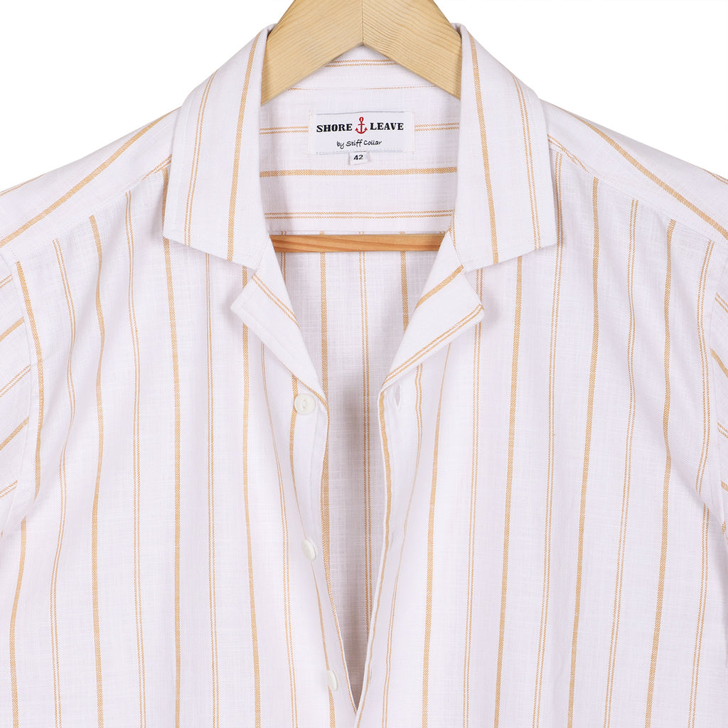 Sand Stripes on White Half Sleeve Linen Cuban Collar Shirt