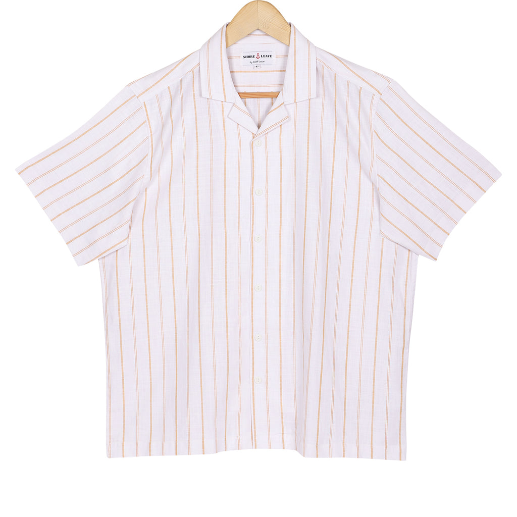 Sand Stripes on White Half Sleeve Linen Cuban Collar Shirt