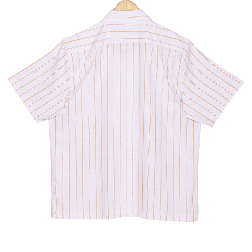 Sand Stripes on White Half Sleeve Linen Cuban Collar Shirt