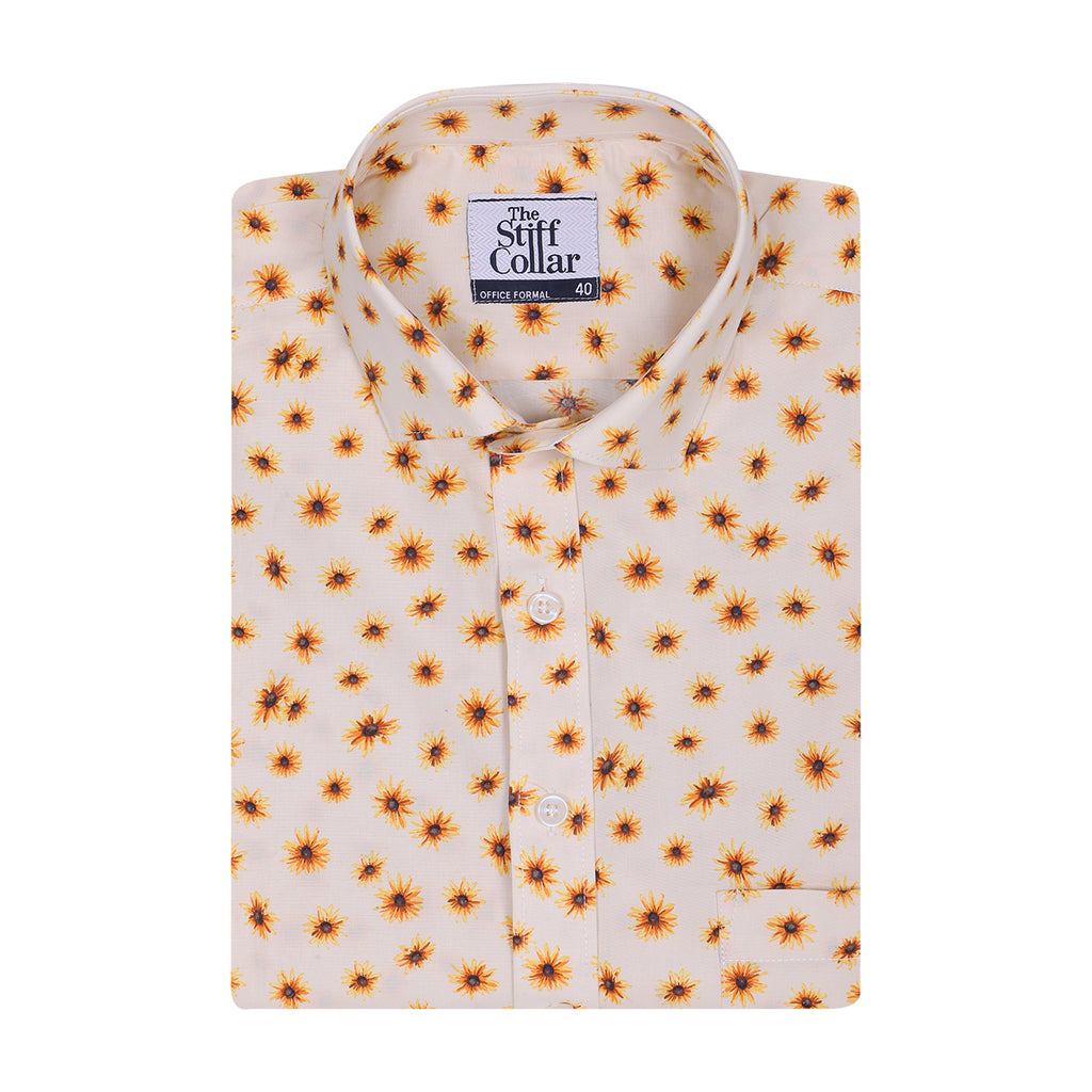 Yellow Valley Flower Poplin Print Half Sleeves Shirt