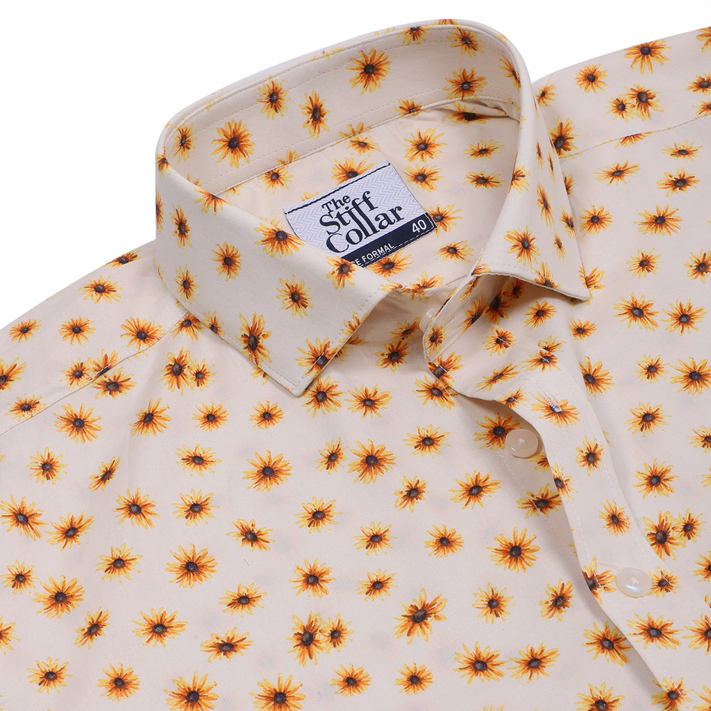 Yellow Valley Flower Poplin Print Half Sleeves Shirt