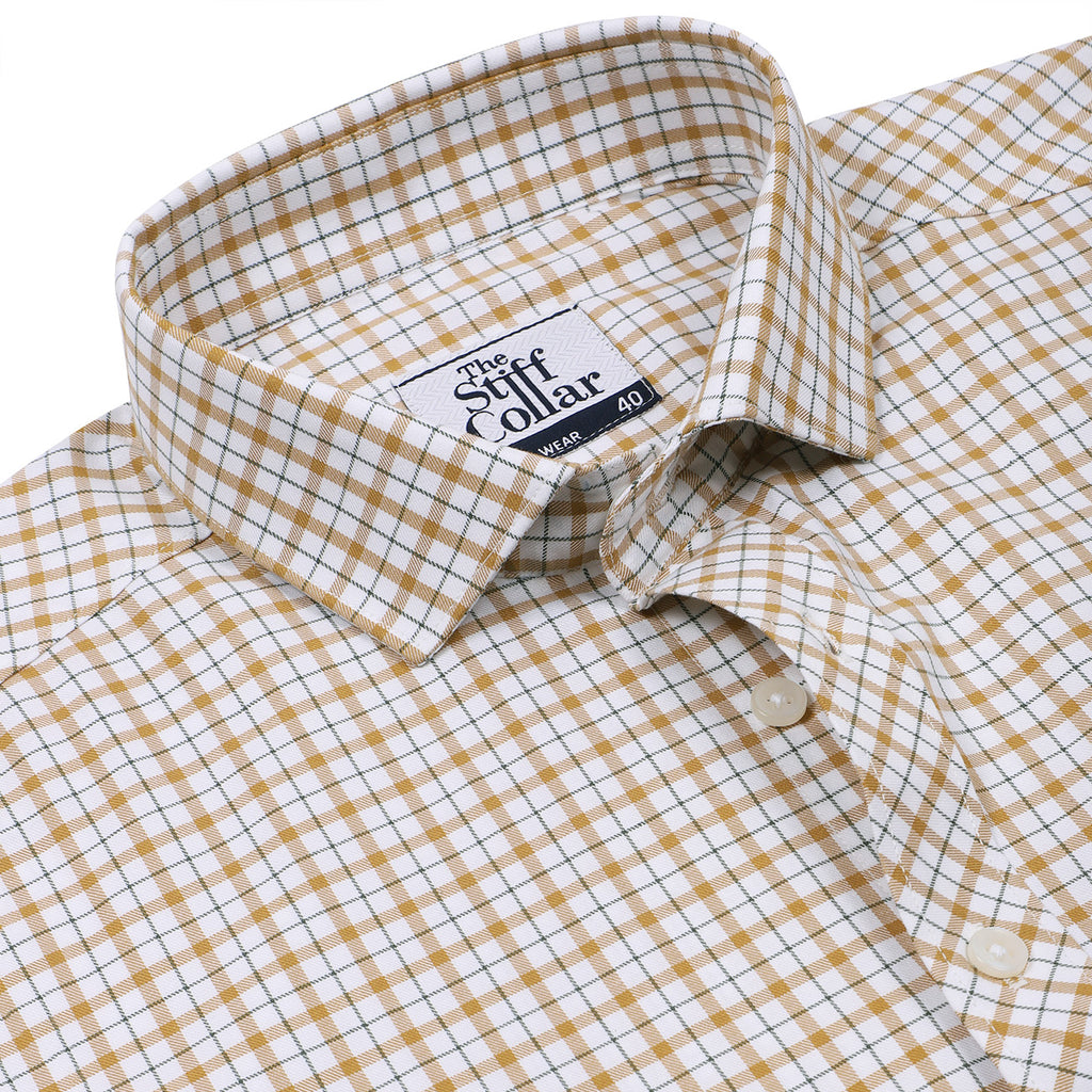 White Orange Tattersall Checks Half Sleeves Cotton Shirt