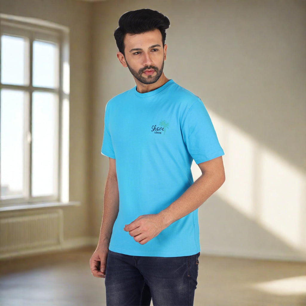 Soft Enzyme Washed Azure Blue Round Neck Cotton T-shirt