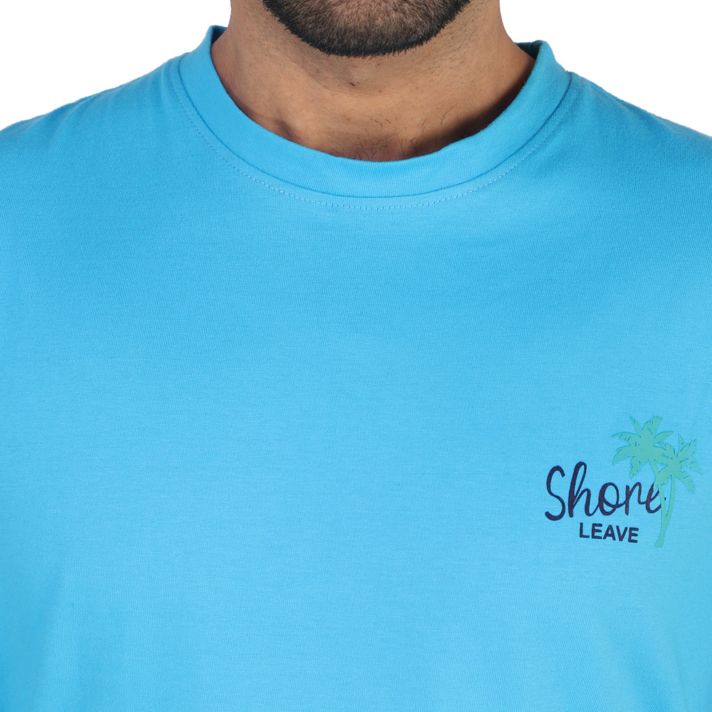 Soft Enzyme Washed Azure Blue Round Neck Cotton T-shirt