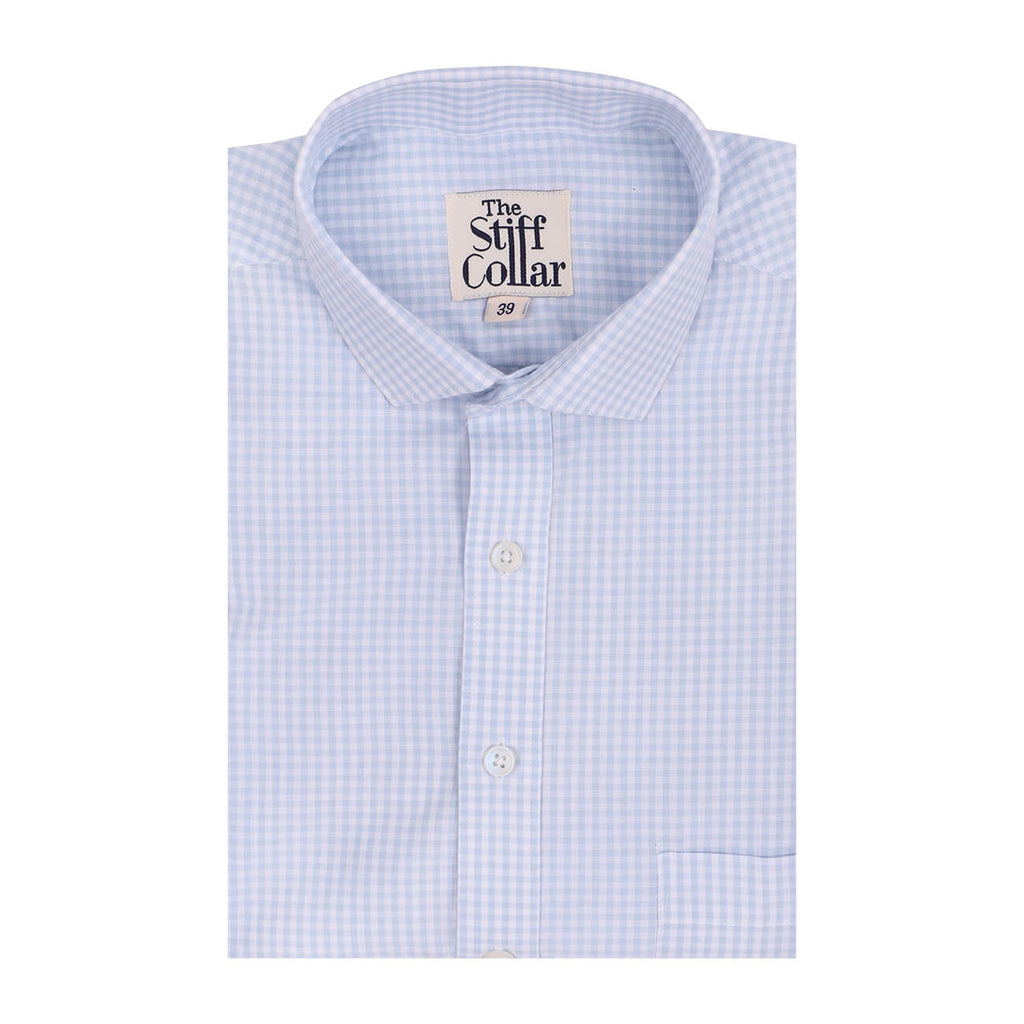 Fog Blue Gingham Regular Fit Half Sleeves Cotton Shirt for Men