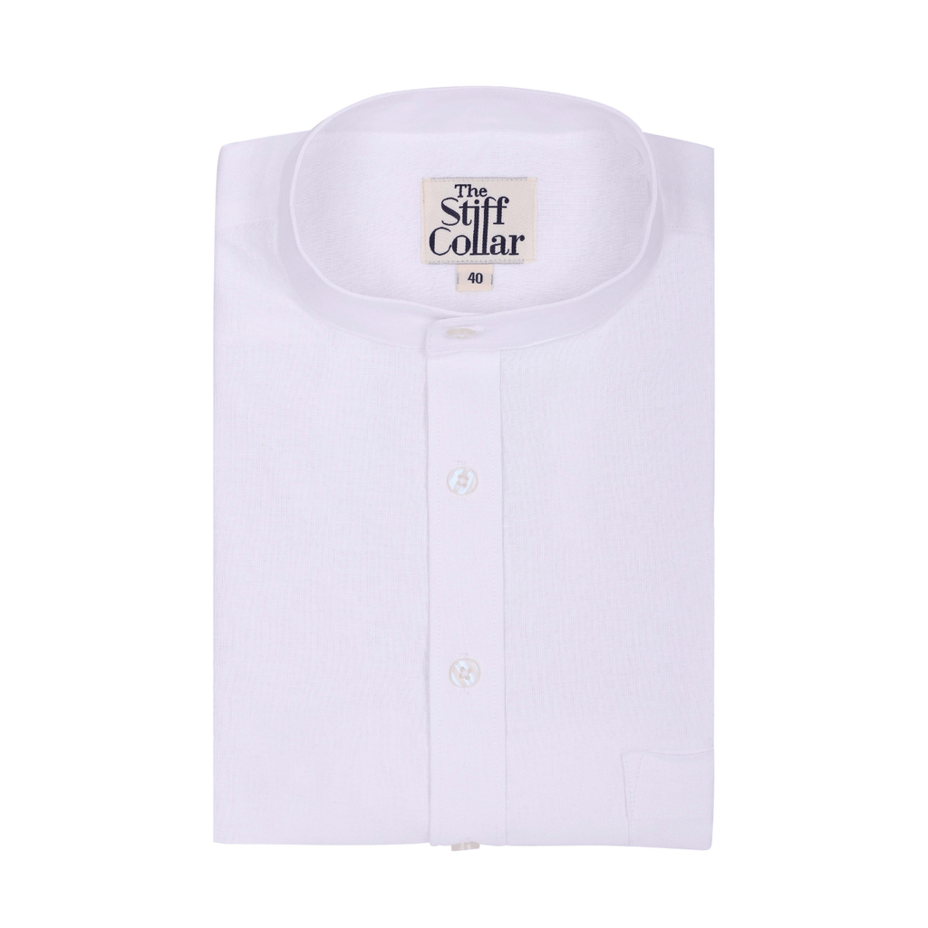 Natural White Cotton Linen Mandarin Collar Shirt –