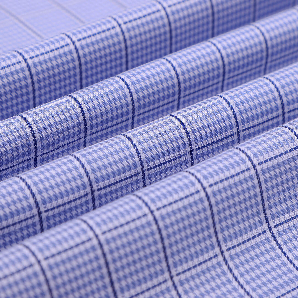 Luthai Splash Blue Houndstooth Grid Checks Button Down 2 Ply Giza Cotton Shirt