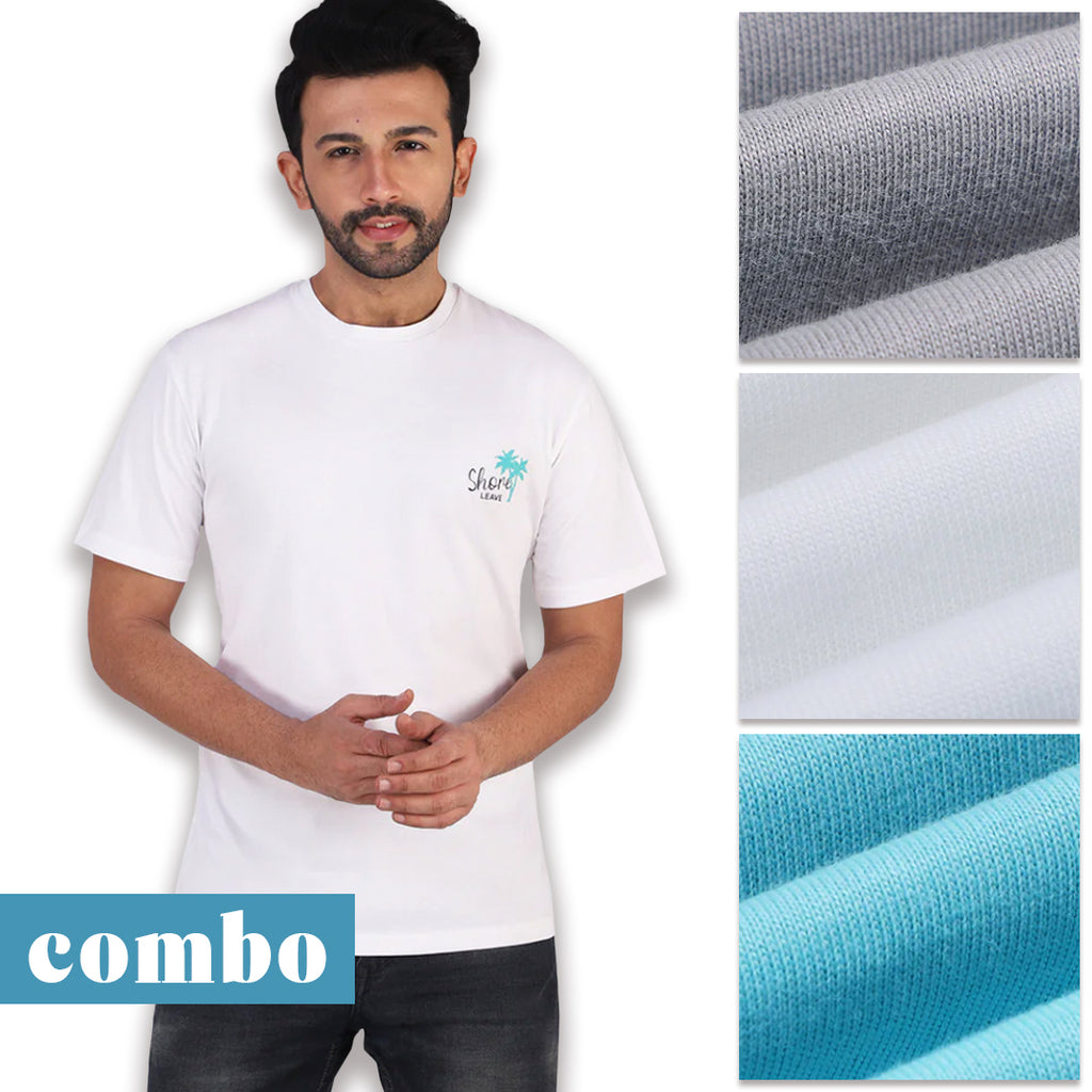 Round neck Premium Soft Cotton T-shirt Combo Pack Of 3 (Blue, White, Grey)